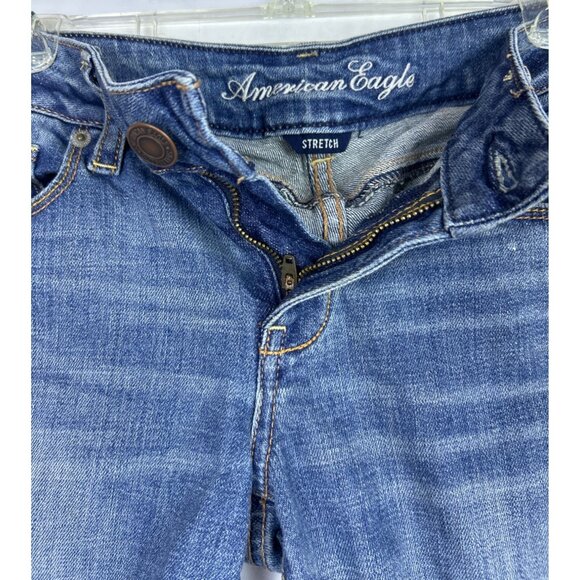 American Eagle Women's 10 Tall Distressed Skinny Kick Bootcut Jeans Blue Y2K - Picture 9 of 12